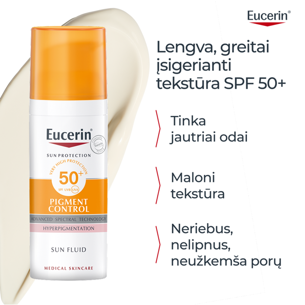 EUCERIN PIGMENT CONTROL, fluidas nuo saulės ir hiperpigmentacijos, SPF50+, 50 ml paveikslėlis EUCERIN PIGMENT CONTROL, fluidas nuo saulės ir hiperpigmentacijos, SPF50+, 50 ml paveikslėlis