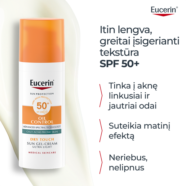 EUCERIN, kreminis gelis veidui nuo saulės, SPF 50+, riebiai, į aknę linkusiai odai, 50 ml paveikslėlis