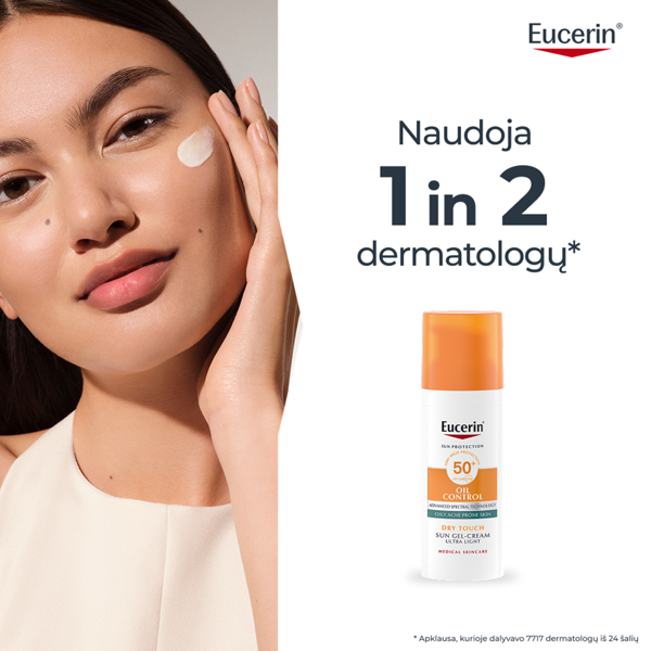 EUCERIN, kreminis gelis veidui nuo saulės, SPF 50+, riebiai, į aknę linkusiai odai, 50 ml paveikslėlis