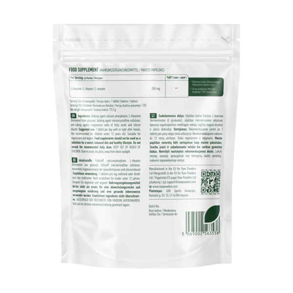 RAW POWDERS L-TEANINAS, 200 mg, 120 tablečių paveikslėlis RAW POWDERS L-TEANINAS, 200 mg, 120 tablečių paveikslėlis