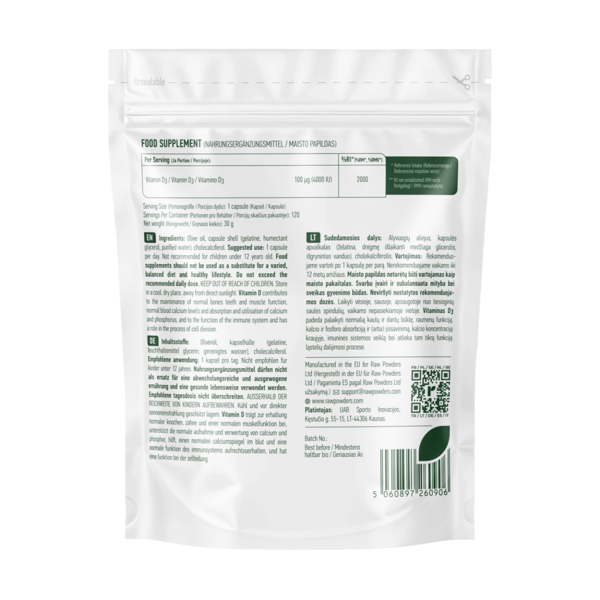 RAW POWDERS VITAMINAS D3, 4000IU, 120 minkštųjų kapsulių paveikslėlis RAW POWDERS VITAMINAS D3, 4000IU, 120 minkštųjų kapsulių paveikslėlis