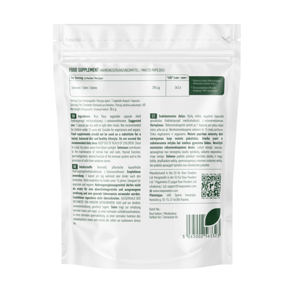 RAW POWDERS SELENAS, 200 mcg, 60 kapsulių paveikslėlis