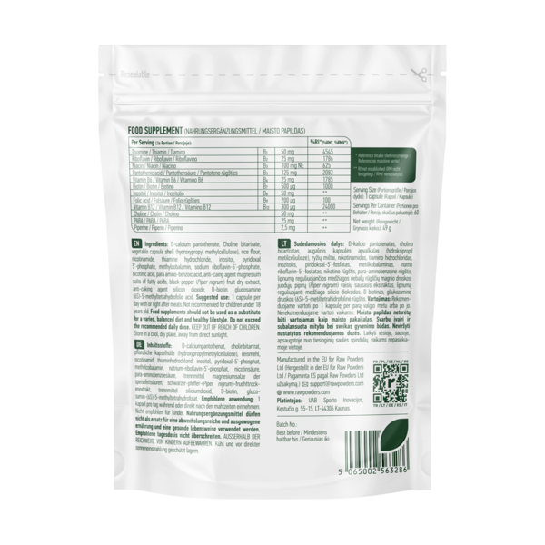 RAW POWDERS VITAMINO B KOMPLEKSAS, 60 kapsulių paveikslėlis RAW POWDERS VITAMINO B KOMPLEKSAS, 60 kapsulių paveikslėlis