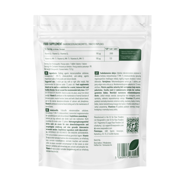 RAW POWDERS VITAMINAS D3 + VITAMINAS K2, 90 tablečių paveikslėlis