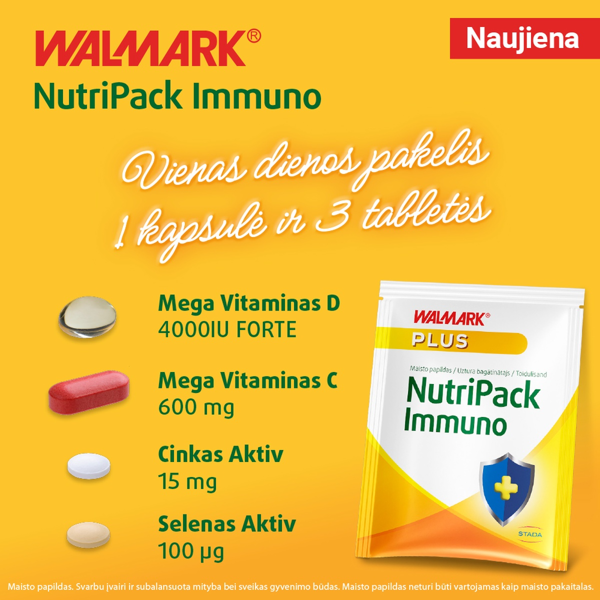 WALMARK NUTRIPACK IMMUNO, Imunitetui - vitaminas D, C, Cinkas, Selenas, 30 paketėlių paveikslėlis WALMARK NUTRIPACK IMMUNO, Imunitetui - vitaminas D, C, Cinkas, Selenas, 30 paketėlių paveikslėlis
