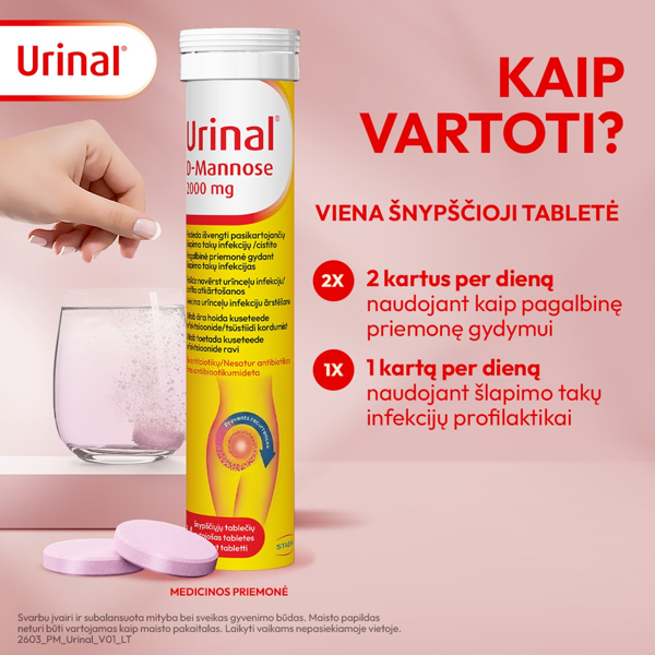 URINAL D-MANNOSE, 2000 mg, 14 šnypščiųjų tablečių paveikslėlis