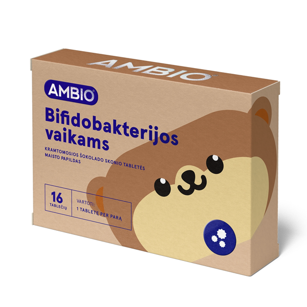 AMBIO KIDS BIFIDOBAKTERIJOS, šokolado skonio, 16 kramtomųjų tablečių paveikslėlis AMBIO KIDS BIFIDOBAKTERIJOS, šokolado skonio, 16 kramtomųjų tablečių paveikslėlis