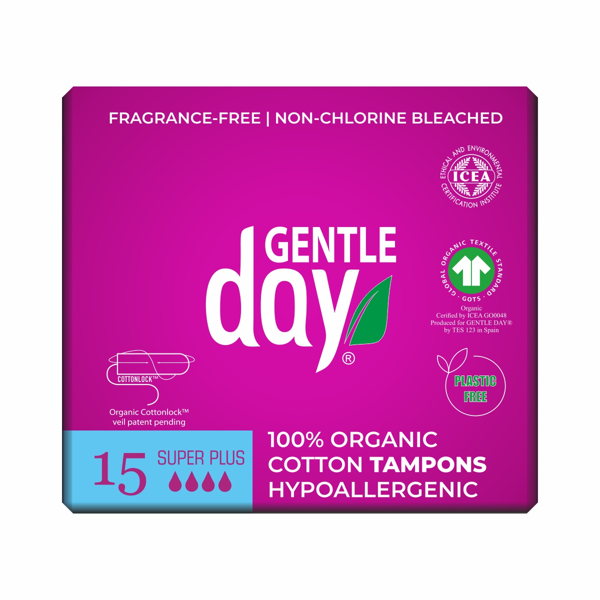 GENTLE DAY SUPER PLUS,ekogiškos medvilnės tamponai, 15 vnt. paveikslėlis