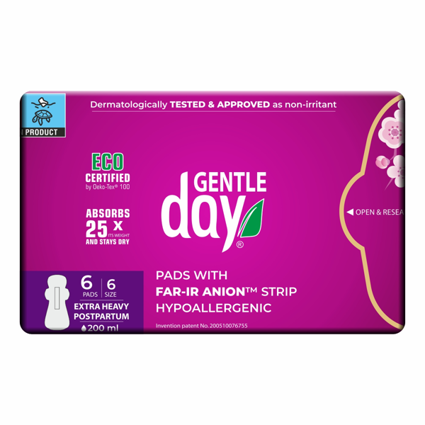 GENTLE DAY EXTRA HEAVY, higieniniai įklotai, gausiai sugeriantys, 6 vnt. paveikslėlis GENTLE DAY EXTRA HEAVY, higieniniai įklotai, gausiai sugeriantys, 6 vnt. paveikslėlis