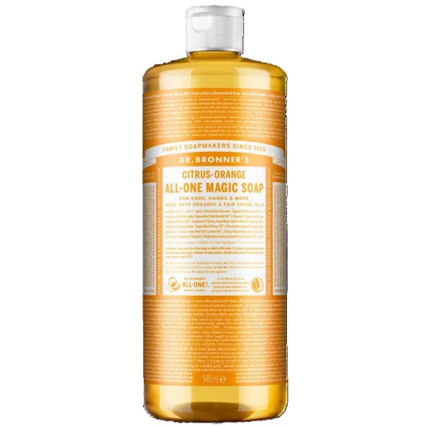 DR. BRONNER’S CITRUS-ORANGE, ekologiškas skystas muilas su citrusinių vaisių eteriniais aliejais, 945 ml