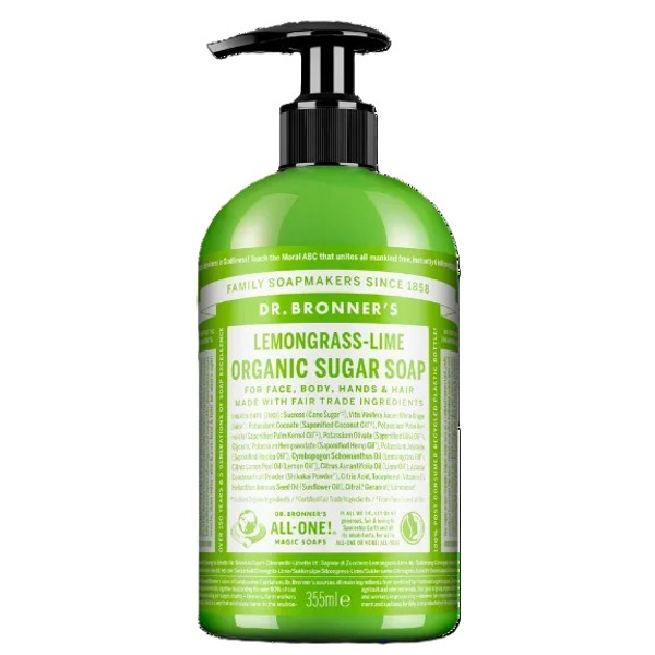 DR. BRONNER'S LEMONGRASS-LIME, ekologiškas cukraus muilas su citrinžolės ir laimų eteriniais aliejais, 355 ml