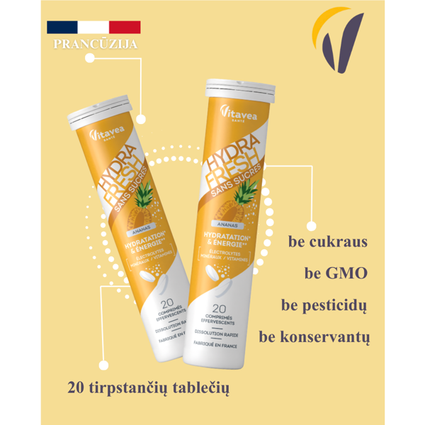 VITAVEA HYDRAFRESH be cukraus ananasų skonio, 20 vnt