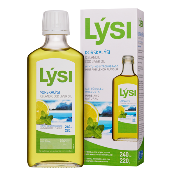 LYSI COD LIVER OIL, natūralūs žuvų taukai, mėtų ir citrinų skonio, 240 ml. paveikslėlis LYSI COD LIVER OIL, natūralūs žuvų taukai, mėtų ir citrinų skonio, 240 ml. paveikslėlis