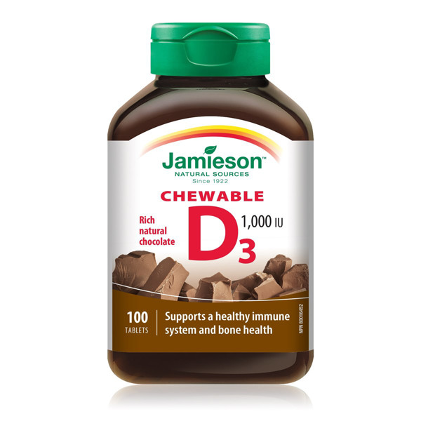 Jamieson D vitaminas suaugusiems kramtomasis, 1000 IU N100 paveikslėlis Jamieson D vitaminas suaugusiems kramtomasis, 1000 IU N100 paveikslėlis