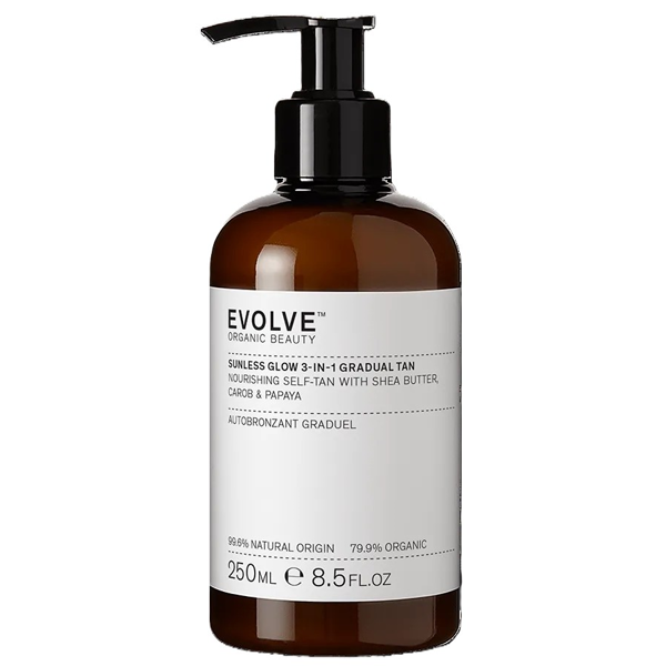 EVOLVE ORGANIC BEAUTY, Maitinamasis savaiminio įdegio losjonas „Sunless Glow 3-IN-1“, 250 ml EVOLVE ORGANIC BEAUTY, Maitinamasis savaiminio įdegio losjonas „Sunless Glow 3-IN-1“, 250 ml
