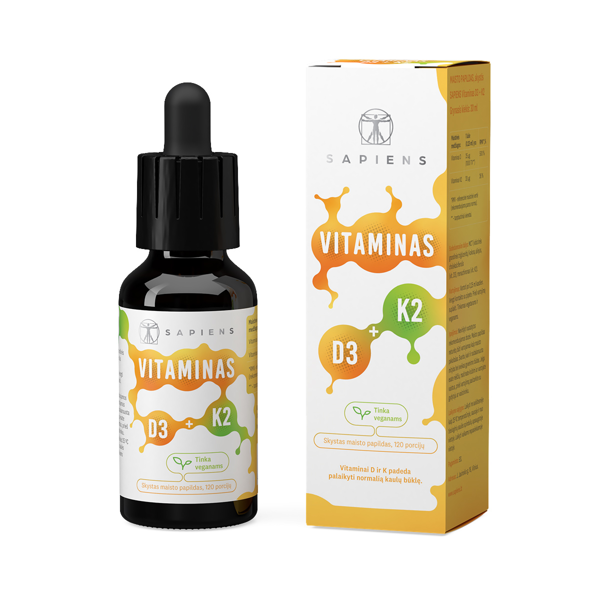 SAPIENS VITAMINAS D3 + K2, 30 ml. paveikslėlis SAPIENS VITAMINAS D3 + K2, 30 ml. paveikslėlis