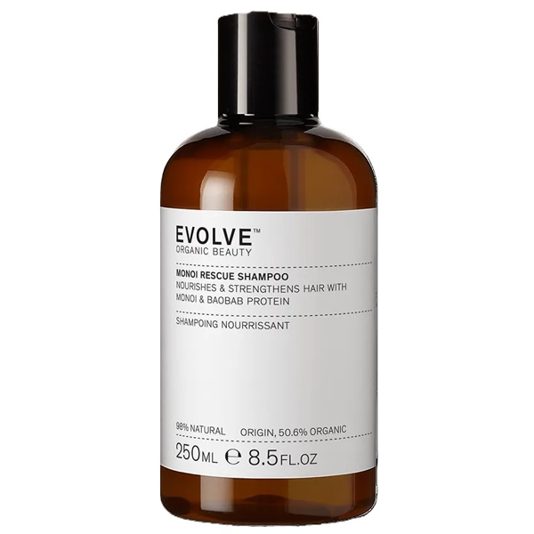 EVOLVE ORGANIC BEAUTY,  Maitinamasis ir stiprinamasis šampūnas „Monoi Rescue“, ekologiškas, 250 ml