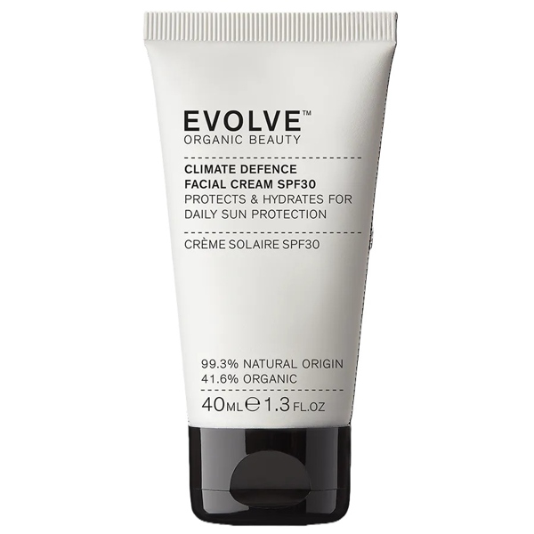 EVOLVE ORGANIC BEAUTY, Apsauginis veido kremas nuo saulės SPF30 „Climate Defence“, 40 ml