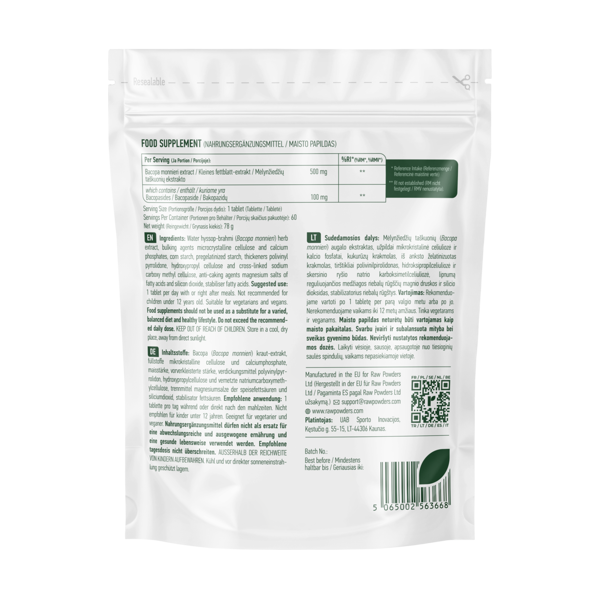 RAW POWDERS BAKOPOS MONNIERI 500 mg, 60 tablečių