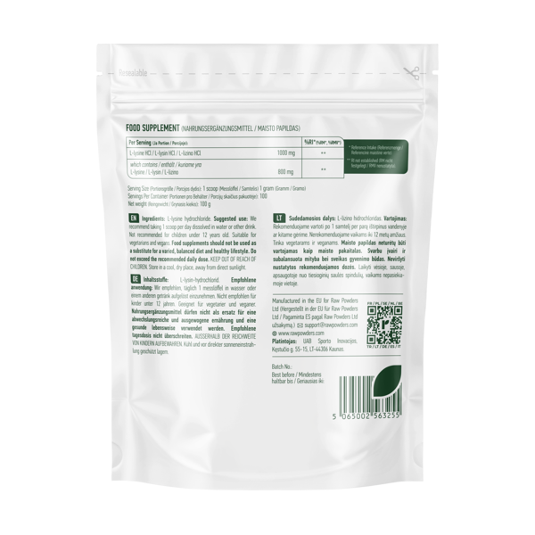 RAW POWDERS L-LIZINO milteliai, 100 g
