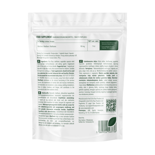 RAW POWDERS RIBOFLAVINAS (VITAMINAS B2) 100 mg, 60 kapsulių
