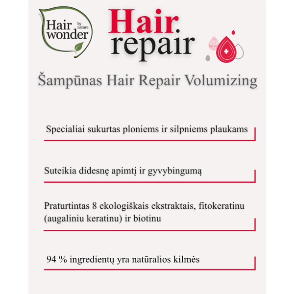 HAIRWONDER Šampūnas plaukų apimčiai Hair Repair Volumizer, 200 ml