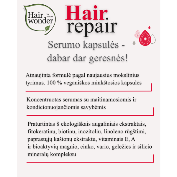 HAIRWONDER Serumo kapsulės plaukų maitinimui ir šilkiniam švelnumui, 14 kapsulių HAIRWONDER Serumo kapsulės plaukų maitinimui ir šilkiniam švelnumui, 14 kapsulių