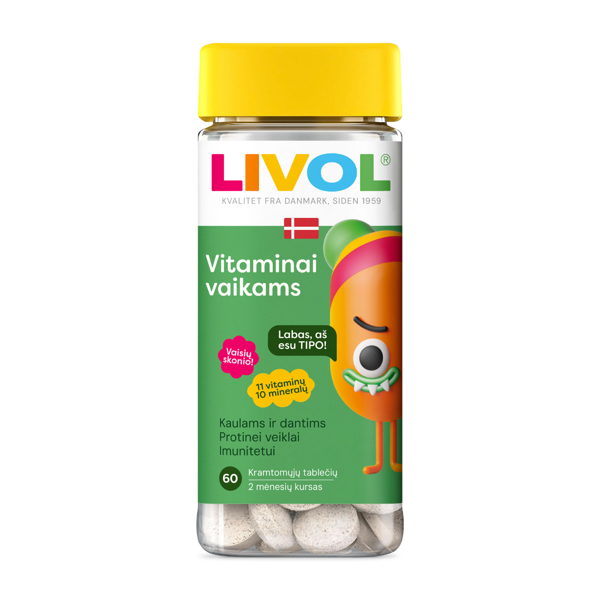 LIVOL MULTI, vitaminai vaikams, vaisių skonio, 60 kramtomųjų tablečių paveikslėlis LIVOL MULTI, vitaminai vaikams, vaisių skonio, 60 kramtomųjų tablečių paveikslėlis