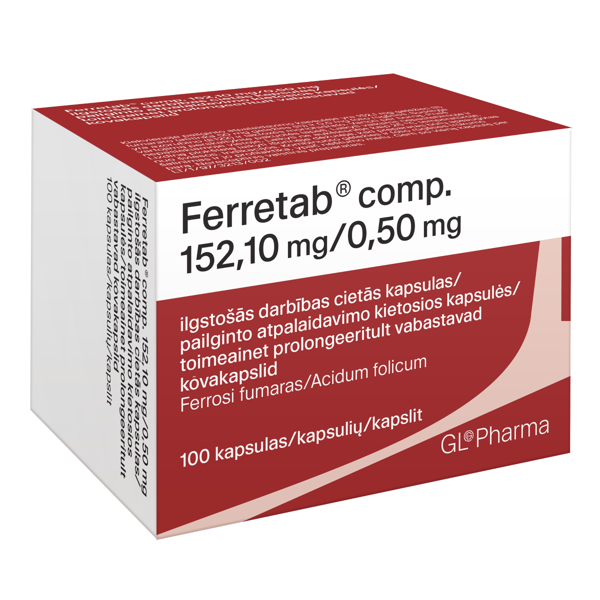FERRETAB COMP., 152,1 mg/0,5 mg, pailginto atpalaidavimo kietosios kapsulės, N100 paveikslėlis FERRETAB COMP., 152,1 mg/0,5 mg, pailginto atpalaidavimo kietosios kapsulės, N100 paveikslėlis