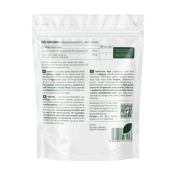 RAW POWDERS, gliukozaminas, 500 mg, 120 kapsulių paveikslėlis RAW POWDERS, gliukozaminas, 500 mg, 120 kapsulių paveikslėlis