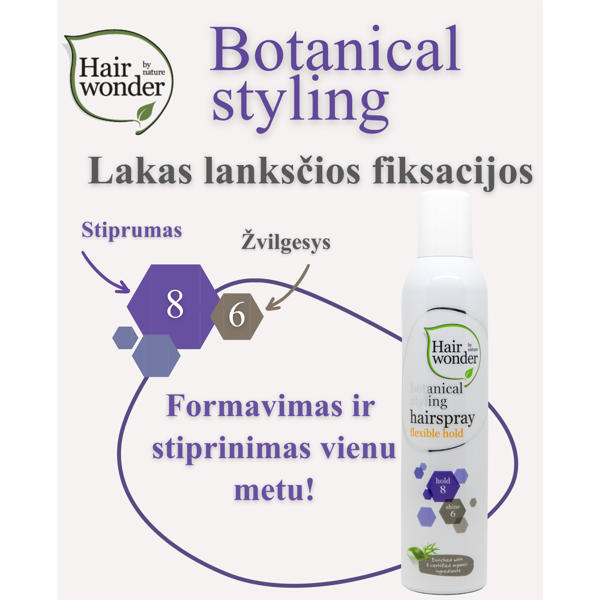 HAIRWONDER Botanical Styling lakas plaukams lanksčios fiksacijos, 300 ml HAIRWONDER Botanical Styling lakas plaukams lanksčios fiksacijos, 300 ml
