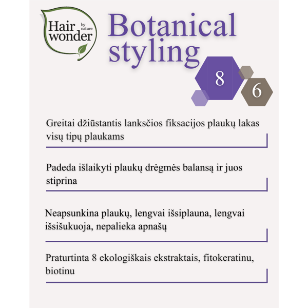 HAIRWONDER Botanical Styling lakas plaukams lanksčios fiksacijos, 300 ml paveikslėlis HAIRWONDER Botanical Styling lakas plaukams lanksčios fiksacijos, 300 ml paveikslėlis