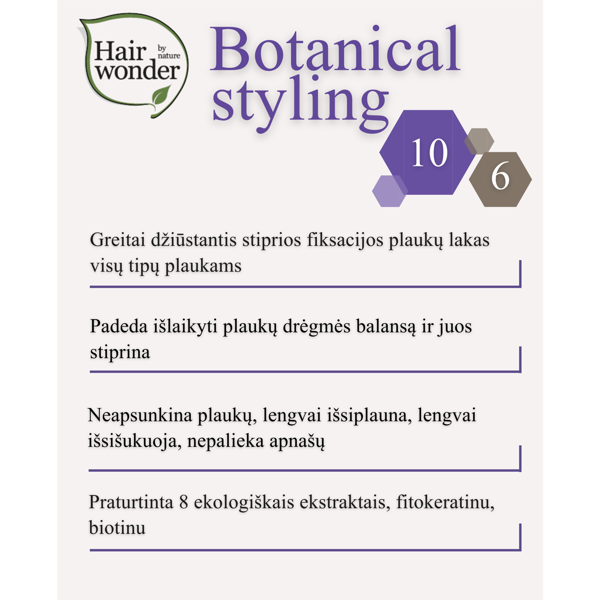 HAIRWONDER Botanical Styling lakas plaukams stiprios fiksacijos, 300 ml
