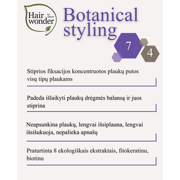 HAIRWONDER Botanical Styling putos plaukams stiprios fiksacijos, 200 ml HAIRWONDER Botanical Styling putos plaukams stiprios fiksacijos, 200 ml