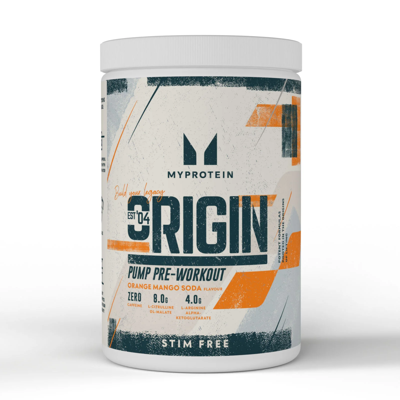 Myprotein Origin Pre Workout, stimuliantas be kofeino, 600g Mangų- Apelsinų skonio