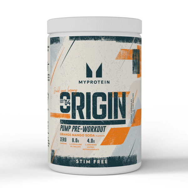 Myprotein Origin Pre Workout, stimuliantas be kofeino, 600g Mangų- Apelsinų skonio