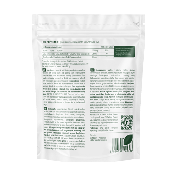 RAW POWDERS VITAMINAS C PROLONG, 1000 mg., 180 tablečių paveikslėlis RAW POWDERS VITAMINAS C PROLONG, 1000 mg., 180 tablečių paveikslėlis