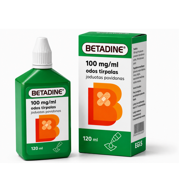 BETADINE, 100 mg/ml, odos tirpalas, 120 ml paveikslėlis BETADINE, 100 mg/ml, odos tirpalas, 120 ml paveikslėlis