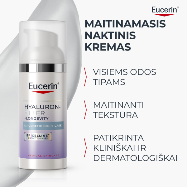 EUCERIN HYALURON-FILLER + LONGEVITY EPIGENETIC, naktinis veido kremas su Epicelline® ir hialurono rūgštimi, 50 ml paveikslėlis EUCERIN HYALURON-FILLER + LONGEVITY EPIGENETIC, naktinis veido kremas su Epicelline® ir hialurono rūgštimi, 50 ml paveikslėlis