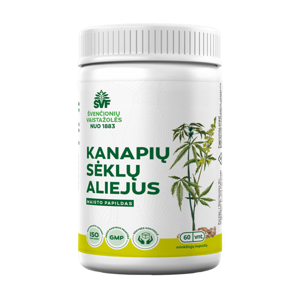 ŠVENČIONIŲ VAISTAŽOLĖS KANAPIŲ SĖKLŲ ALIEJUS, 60 kapsulių paveikslėlis ŠVENČIONIŲ VAISTAŽOLĖS KANAPIŲ SĖKLŲ ALIEJUS, 60 kapsulių paveikslėlis