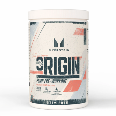 Myprotein Origin Pre Workout, stimuliantas be kofeino, 600g Persikų skonio