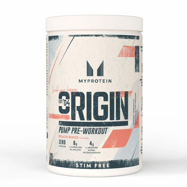 Myprotein Origin Pre Workout, stimuliantas be kofeino, 600g Persikų skonio