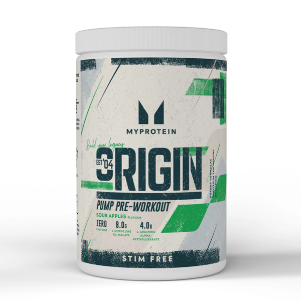 Myprotein Origin Pre Workout, stimuliantas be kofeino, 600g Obuolių skonio
