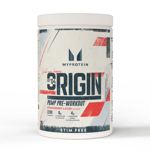 Myprotein Origin Pre Workout, stimuliantas be kofeino, 600g Braškių skonio