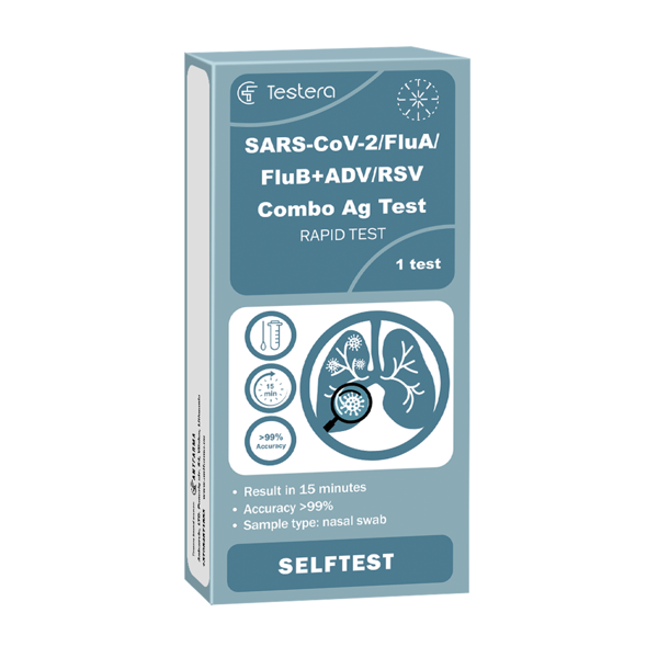 TESTERA, kombinuotas SARS-CoV-2, gripo A ir B, ADV ir RSV antigenų testas, 1 vnt. paveikslėlis TESTERA, kombinuotas SARS-CoV-2, gripo A ir B, ADV ir RSV antigenų testas, 1 vnt. paveikslėlis