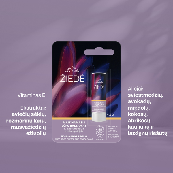 ŽIEDĖ, maitinamasis lūpų balzamas su sviestmedžių ir avokadų aliejais, 4,5g paveikslėlis ŽIEDĖ, maitinamasis lūpų balzamas su sviestmedžių ir avokadų aliejais, 4,5g paveikslėlis