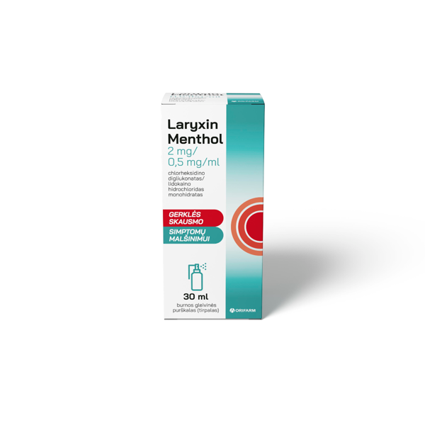 LARYXIN MENTHOL, burnos gleivinės purškalas, 2 mg/0,5 mg/ml 30 ml paveikslėlis LARYXIN MENTHOL, burnos gleivinės purškalas, 2 mg/0,5 mg/ml 30 ml paveikslėlis