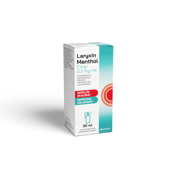 LARYXIN MENTHOL, burnos gleivinės purškalas, 2 mg/0,5 mg/ml 30 ml paveikslėlis LARYXIN MENTHOL, burnos gleivinės purškalas, 2 mg/0,5 mg/ml 30 ml paveikslėlis