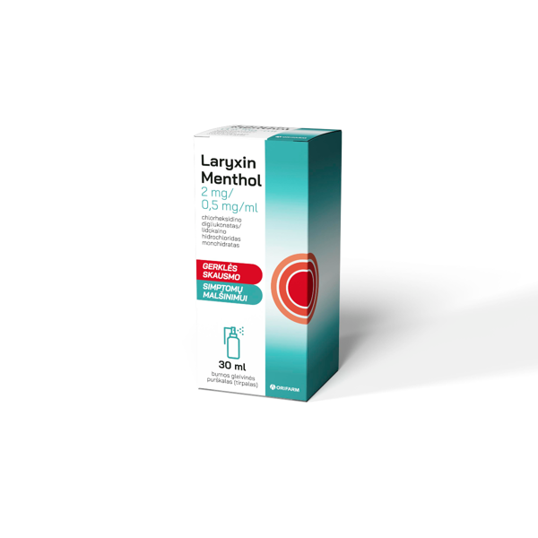 LARYXIN MENTHOL, burnos gleivinės purškalas, 2 mg/0,5 mg/ml 30 ml paveikslėlis LARYXIN MENTHOL, burnos gleivinės purškalas, 2 mg/0,5 mg/ml 30 ml paveikslėlis