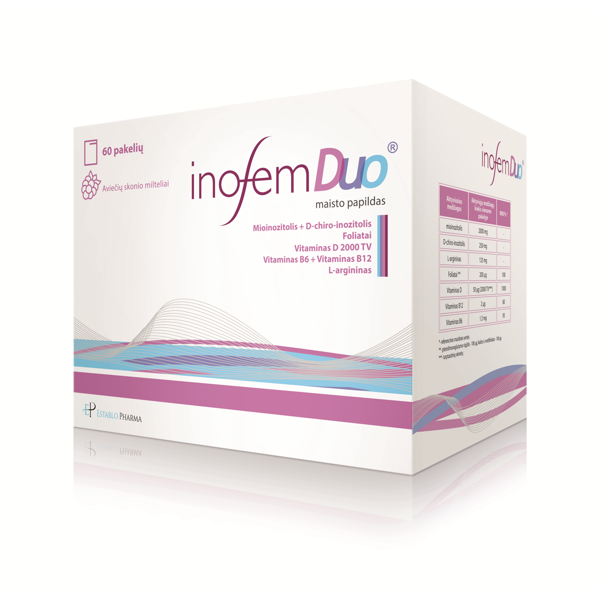 INOFEM DUO, mio-inozitolio, D-chiro-inozitolio, foliatų ir vitaminų kompleksas moterims, 60 pakelių INOFEM DUO, mio-inozitolio, D-chiro-inozitolio, foliatų ir vitaminų kompleksas moterims, 60 pakelių